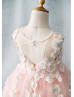 Beaded Tulle 3D Flowers High Low Keyhole Back Flower Girl Dress